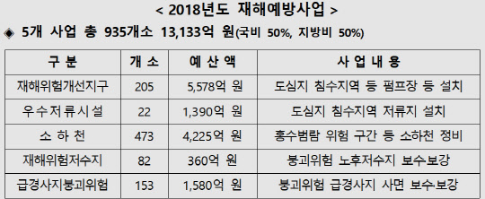 올해 재해예방사업 예산 투입 표. 자료: 행정안전부